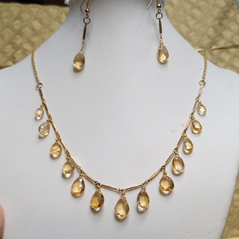 Yellow Citrine Teardrop Necklace and Earring Set